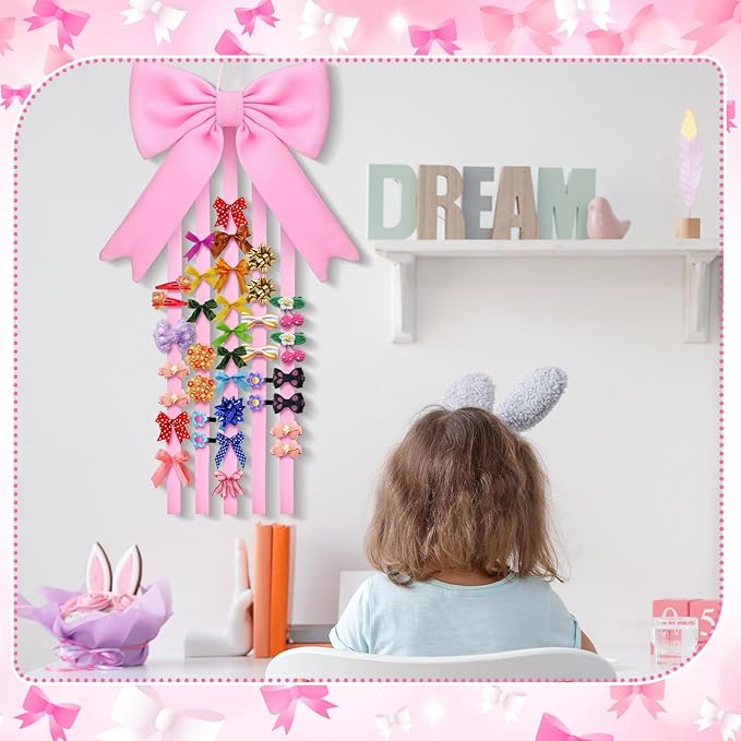 Weysat Bow Organizer for Girls Huge Bow Holder for Girls Hair Bows Claw Clip Organizer Wall Hanging Decoration Accessories with Five Ribbons Organizador De Moños Para Ninas for Room Decor (Pink)