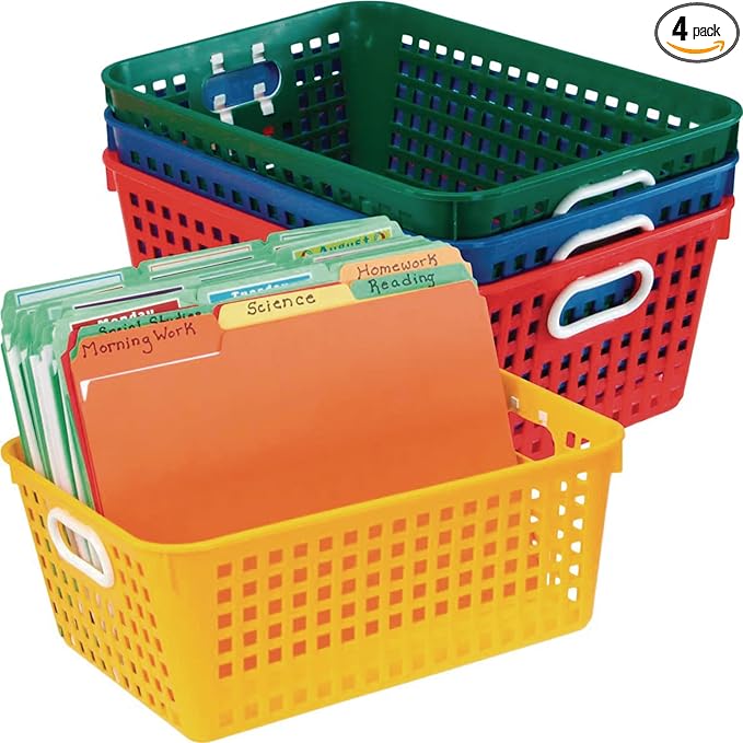 Really Good Stuff Large Plastic Book Baskets, 13.25" x 10" x 5.5", 4 Pack, Primary Group Colors, Classroom Library Organizers, Toy Storage, Multi-Purpose