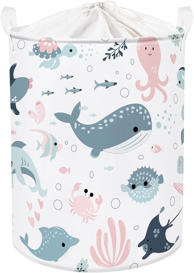 Clastyle Marine Animals Bubbles Kid Laundry Basket with Lid Foldable Sea Shark Dirty Clothes Hamper Round Toy Clothes Pool Beach Towel Basket, Pink Mermaid, 36 * 45 cm