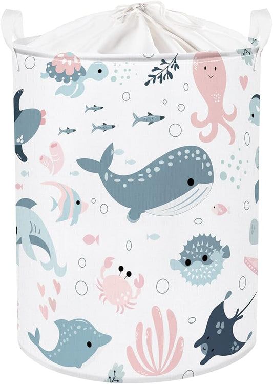 Clastyle Marine Animals Bubbles Kid Laundry Basket with Lid Foldable Sea Shark Dirty Clothes Hamper Round Toy Clothes Pool Beach Towel Basket, Pink Mermaid, 36 * 45 cm