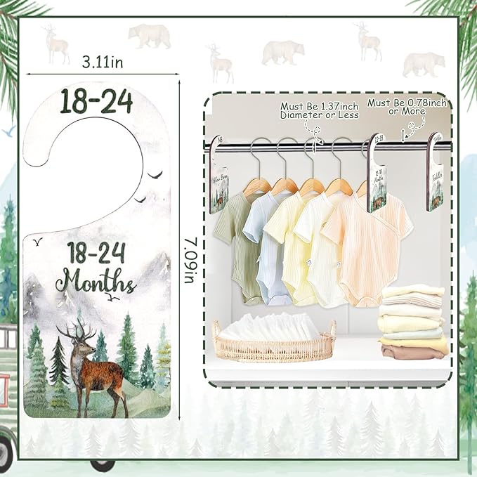 Baby Closet Dividers 8PCS, Mountain/Forest/Adventure Theme Wooden Double-Sided Clothes Size Hanger Organizer from Newborn to Toddler for Nursery Decor Baby Shower Birthday Gift