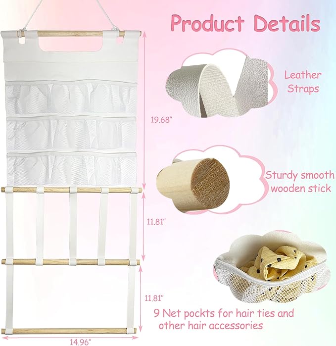 Headband Holder Organizer, Hair Accessories Storage with 9 Net Pockets, Wall Hanging Hair Clips Hair Band Organizer for Girls Room