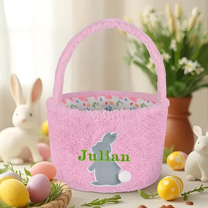 Easter Basket for Kids, VAPCUFF Easter Bunny Basket, Personalized Easter Baskets, Easter Basket with Name - - Pink Basket Grey Bunny