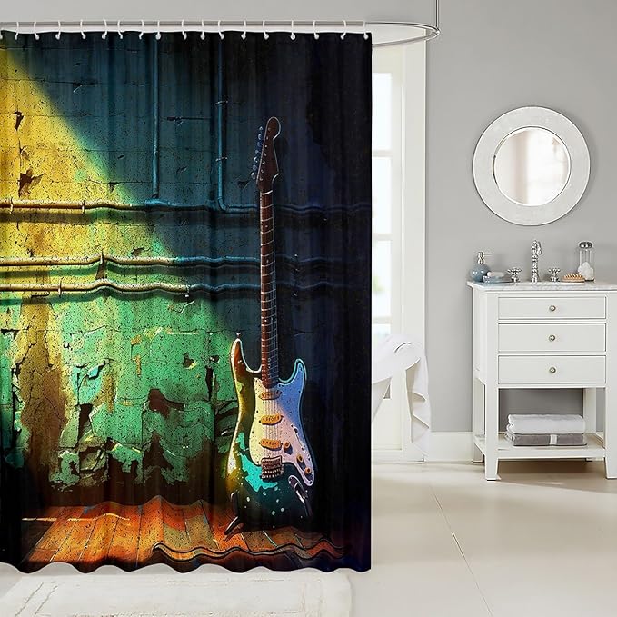 Guitar Bath Curtain Music Themed Guitar Shower Curtain for Stalls Bathtubs Guitar Instruments Print Bathroom Shower Curtain Set Ultra Soft Decor Musical Pattern Waterproof Bathroom Curtains 72x84 Inch