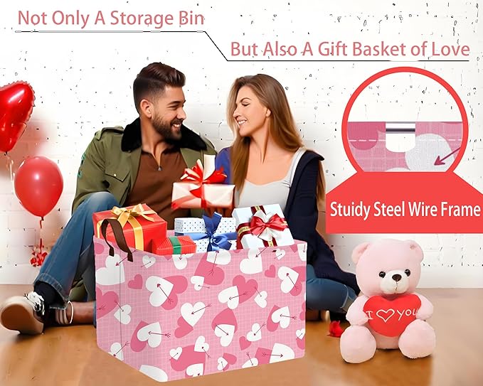 Large Valentine's Day Basket Heart Shaped Storage Bin for Gifts Collapsible Organizer Room Decor (Arrow White Pink Love)