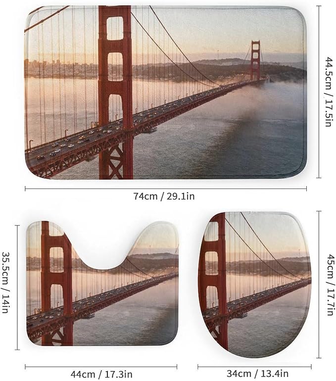 4 Piece Bathroom Rug Set with Shower Curtain, Non-Slip Bath Mat Toilet Cover Set, Golden Gate Bridge Bathroom Rug Sets