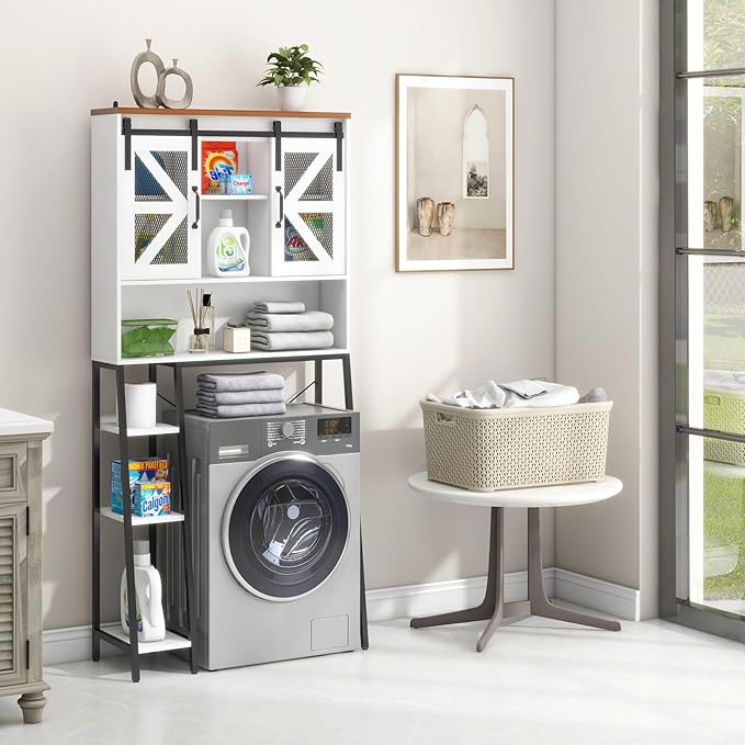 Vabches Over The Toilet Storage Cabinet, Farmhouse Storage Cabinet Over Toilet with Sliding Barn Door，Home Space-Saving Toilet Rack, for Bathroom, Restroom, Laundry White