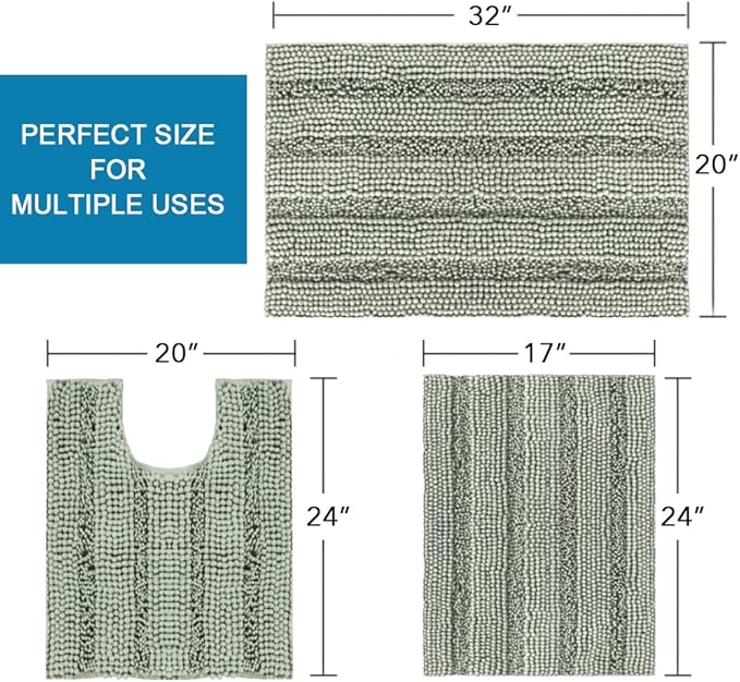 H.VERSAILTEX 3 Piece Bathroom Rugs Sets Thick Striped Bath Rugs Set for Bathroom Non Slip Soft Absorbent Bath Mat Set for Tub, Shower and Toilet(17''x24''+20''x32''+20''x24'' U-Shaped, Sage)