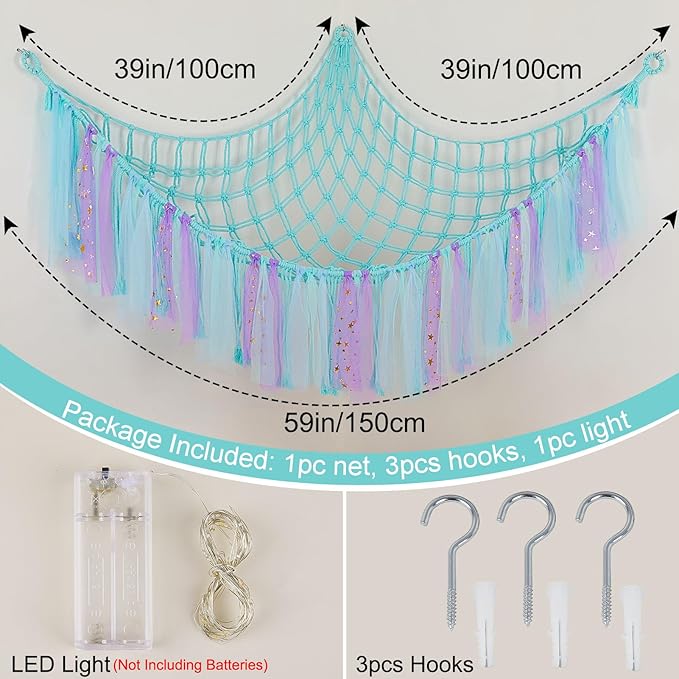 FIOBEE Stuffed Animals Net or Hammock with LED Light, Toy Hammock Hanging Stuffed Animals Storage Organizer Holder Room Décor for Nursery Kids Bedroom