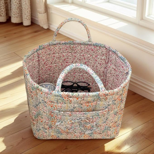 JQWYGB Foldable Laundry Basket Boho Bear Storage Basket Floral Quilted Fabric Car Storage Basket Handles Large Laundry Baskets for Clothes and Dolls