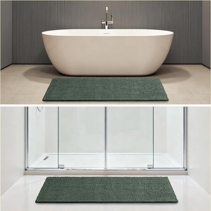 Hunter Green Bathroom Rugs 24"x60" - Long Plush Chenille Non-Slip Runner Bath Mat - Absorbent, Washable, Soft Decor for Shower, Sink, Tub, Floor, Home Accessories