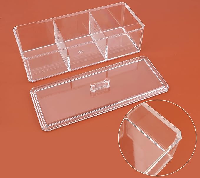 dedoot Plastic Drawer Organizer, Clear Acrylic Vanity Desk Storage and Organizer, 3 Compartment Make Up Holder with Lid Bathroom Display Storage Container for Jewelry, Small Items, 9.17x3.7X3.46 Inch