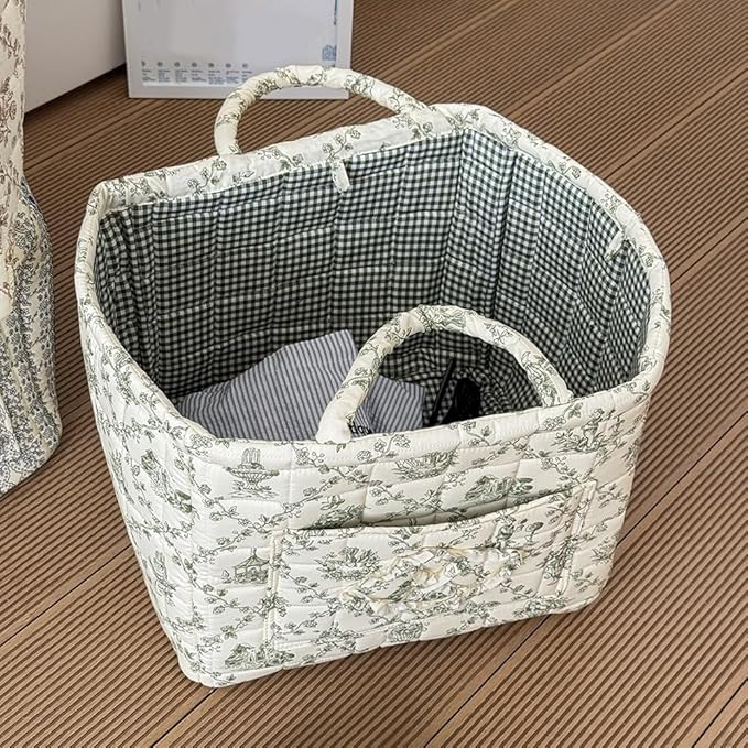 JQWYGB Foldable Laundry Basket Boho Bear Storage Basket Floral Quilted Fabric Car Storage Basket Handles Large Laundry Baskets for Clothes and Dolls