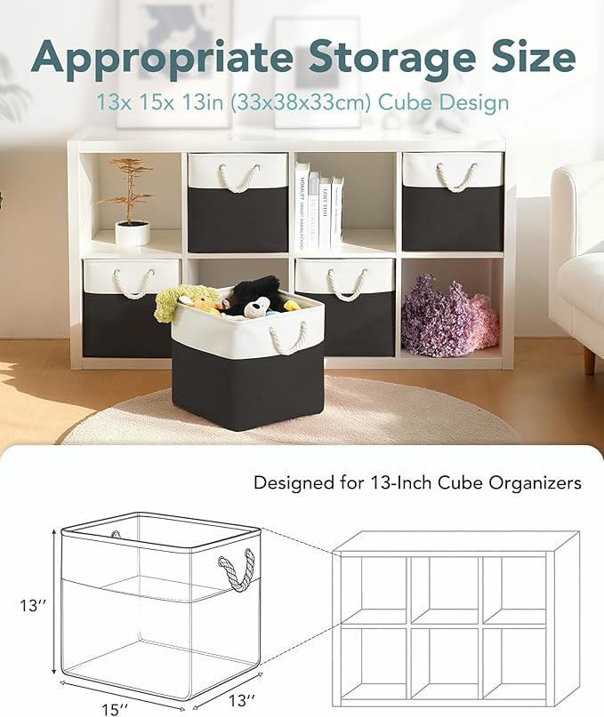 13x15x13 Storage Cube Bins, Heavy Duty Foldable Fabric Storage Bins with Handles and Metal Frame, 6 Pack Large Closet Organizer Bins for Clothes, Socks, Towels, White Black