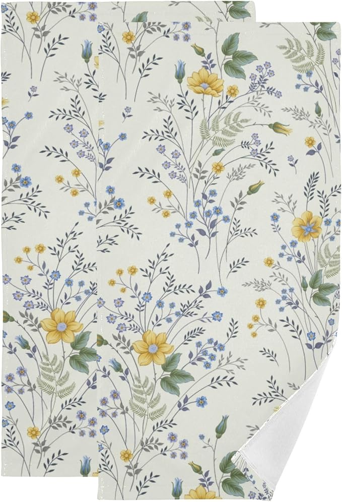 2 Pcs Vintage Blue Yellow Wildflower Hand Towels for Bathroom,Soft Absorbent Green Leaf Botanical Dish Towels for Kitchen,Farmhouse Decorative Bathroom Towels for Bath,Face,Shower 14"x28"