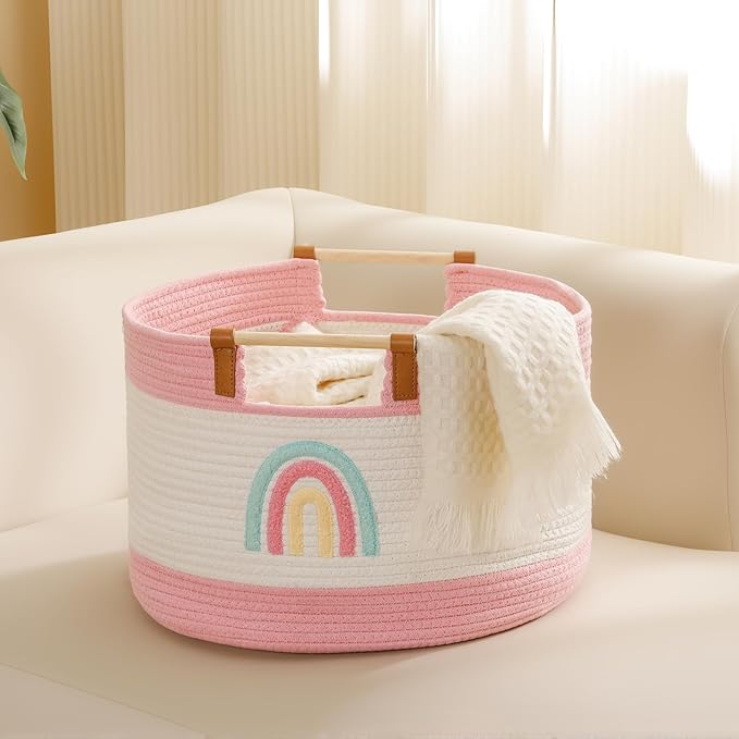 Large Blanket Basket 35L Cotton Rope Basket with Wooden Handles Woven Baskets for Kids Stuffed Animal Toys Storage for Nursery, Laundry Hamper Clothes Baby Hamper Girls Gift Baskets Empty, (Rainbow）