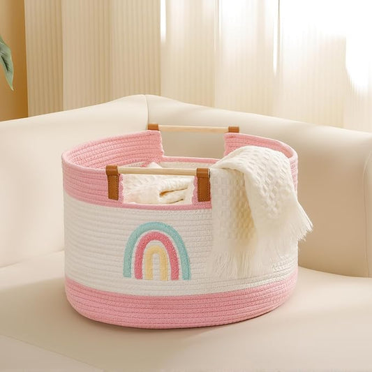 Large Blanket Basket 35L Cotton Rope Basket with Wooden Handles Woven Baskets for Kids Stuffed Animal Toys Storage for Nursery, Laundry Hamper Clothes Baby Hamper Girls Gift Baskets Empty, (Rainbow）