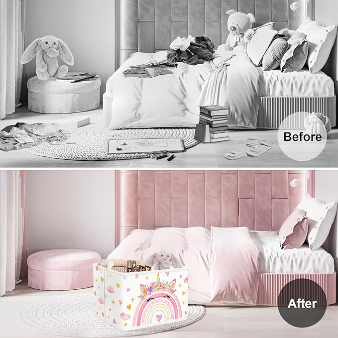Clastyle Adorable Rainbow Laundry Basket Kids Clothes Book Storage Basket Gift Toy Box for Bedroom Decor,Unicorn,40x30x30 cm