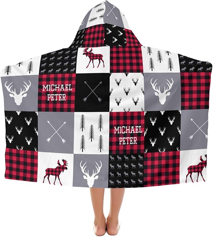 Hooded Towel for 3-12 Years Boys Girls Kids Buffalo Plaid Deer Woodland Bath Pool Beach Towel Wrap Extra Large Soft Absorbent Beach Poncho