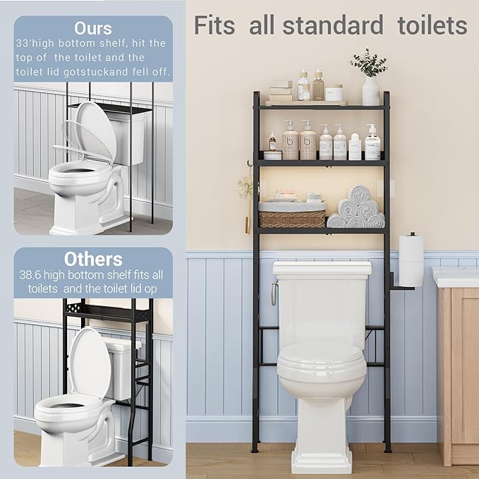 Over The Toilet Storage Shelf - 3-Tier Adjustable Black Metal Bathroom Organizer (21.6”-26.8") No Drilling Required, Space-Saving with Paper Holder & 4 Hooks for Small Spaces