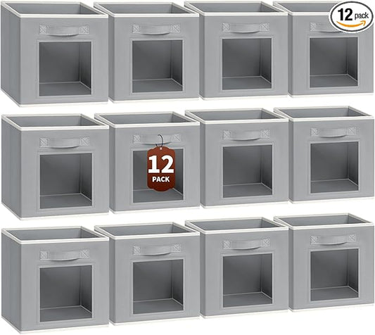 Foldable Storage Cubes - Cubby Storage Organizer with Window, Decorative Baskets for Organizing, Fabric Bins for Clothes Storage, Closet Storage Cubes 11inch, Set of 12, Grey