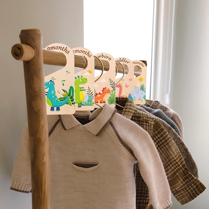 8pcs Baby Closet Dividers, Wooden Dinosaur Theme Baby Closet Size Dividers Baby Closet Organizer Baby Clothing Hanger Dividers from Newborn to Toddler for Baby Girls Boys