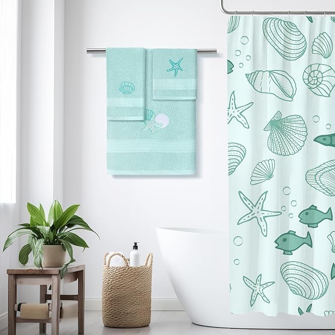 3 Pcs Coastal Seashell Bathroom Towel Set Farmhouse Embroidered Coastal Seashell Towels Vintage Decorative 100% Cotton Bath Towel Highly Absorbent Summer Decor Set for Bathroom