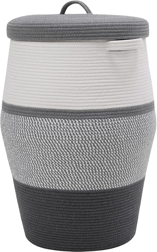 26"x20" Handcrafted Tall Cotton Rope Basket with Lid, Stylish Flagon Shape with Cover, Clothes Hamper with Top, for Bedroom and Living Room, White/Grey Mix/Dark Grey