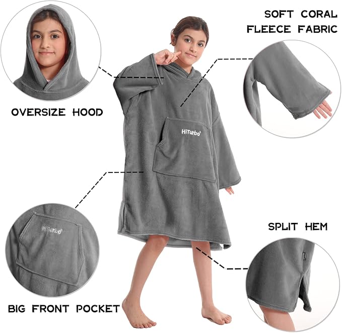 Hiturbo Kids Towel Changing Robe: Soft Plush Wearable Blanket - Warm Coral Fleece Hoodie - Swim Surf Poncho for 5-12 Years (Gray)