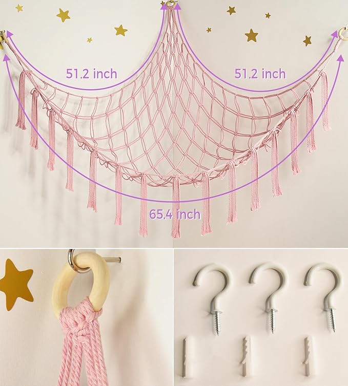 Stuffed Animal Storage Hammock Net - Toy Hammock Net for Stuffed Animals Corner - Hanging Stuff Animal Organizer Holder Large Pink Baby Nursery Room Decor
