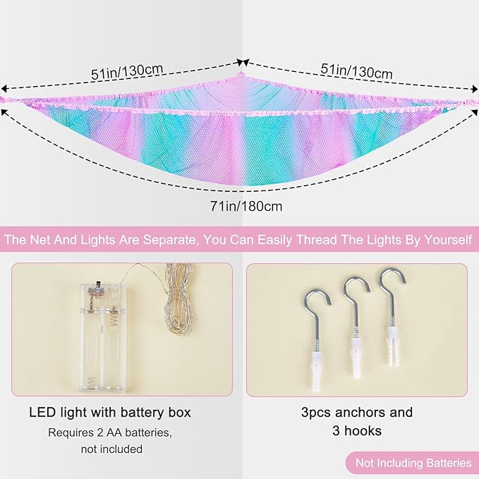 Unicorn Castle Stuffed Animals Net or Hammock Kids Toy Storage Organizer with LED Light Hanging Corner Stuffed Animals Holder Kids Girls Room Decor,Pink-Blue-Purple,Large (Pack of 1)