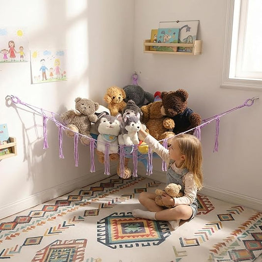 Stuffed Animals Hammock Corner Hanging Net for Macrame Stuffed Animal Storage Plush Toy Holder Toy Organizer for Boho Nursery Playroom Bedroom (purple, Large)
