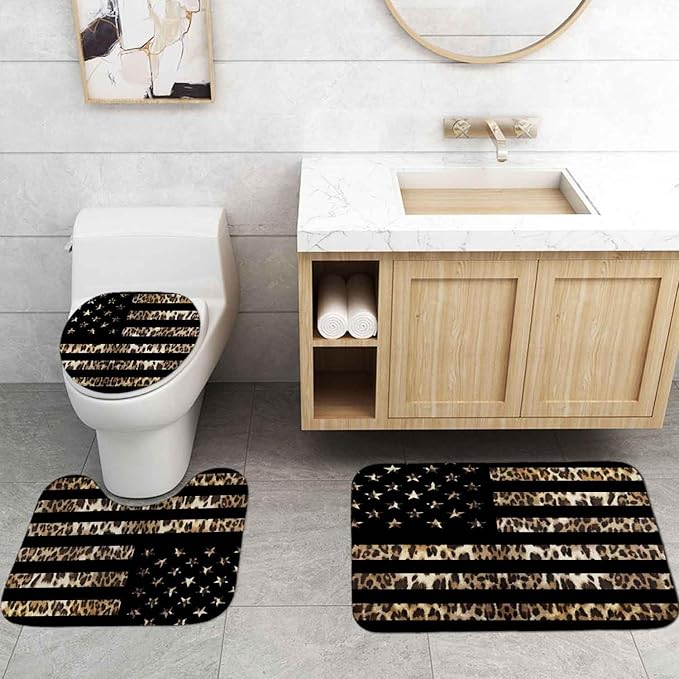 4PCS Black American Flag Leopard Shower Curtain Sets with Rugs, Waterproof Fabric Shower Curtain, Cheetah Print African Animal Safari Wildlife Skin Stars and Stripes USA Flag Bathroom Decor