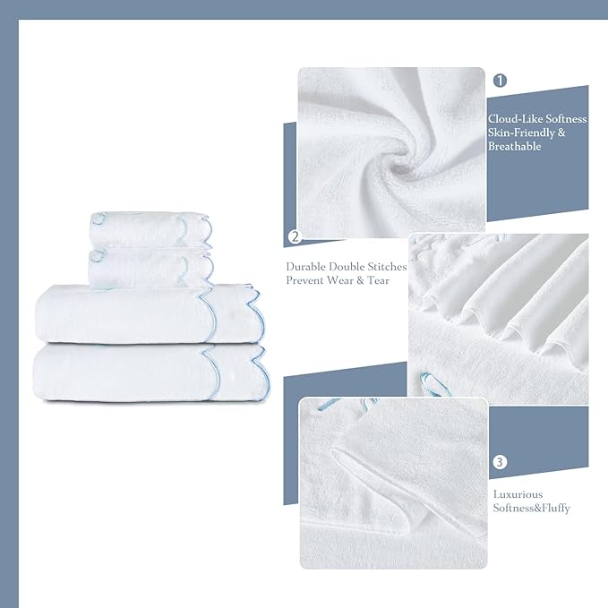 4 Set Cute Blue Coquette Bow Bath Towels Set 2 Bath Towels 2 Hand Towels Soft Embroidered Preppy Decorative Scalloped Towels for Bathroom (Blue)