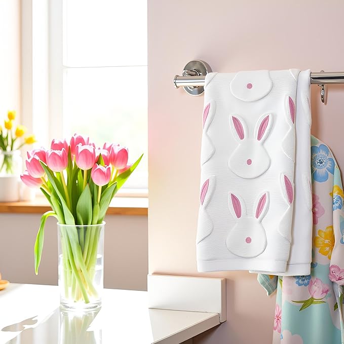 2pcs Easter Bunny Hand Towels Set 100% Cotton Soft Absorbent Spring Bathroom Hand Towels 14x29 Inch Cute Jacquard Easter Kitchen Decor Towels Holiday Kitchen Bathroom Decor Gift(White)