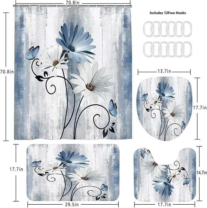 4PCS Rustic Blue Flower Farmhouse Shower Curtain Set,Waterproof Blue Daisy Floral Bathroom Decor Accessory Set