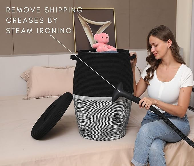 Handcrafted Tall Cotton Rope Basket with Lid, Stylish Flagon Shape with Cover, Clothes Hamper with Top, for Bedroom and Living Room (Two Sides Black/Black Mix, 26"x20")