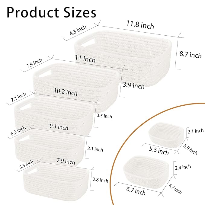 7 Piece Cotton Rope Woven Basket Set - Small Basket for Baby Nursery, Pets, Montessori, Dog & Cat Toy Boxes, Bathroom Organization Bins (White)