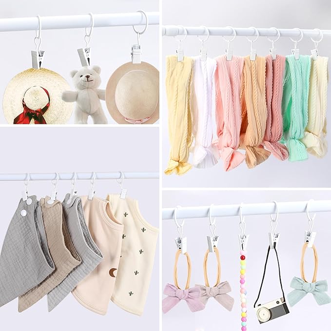 POVETIRE 30 Metal Rings Hooks, Hanging Baby Headband Brackets Metal Clips - Bow Manager Clips - Baby Bibs Manager Clips - Wall Decoration for Kindergarten Newborn Girls and Boys' Rooms