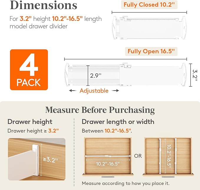 Lifewit 3.2" Tall 4 Pack Drawer Dividers, 26.5-42cm/10.2-16.5" Expandable Drawer Divider for Clothes, Adjustable Dresser Drawer Organizers, Drawers Separators for Dresser/Bathroom/Kitchen White