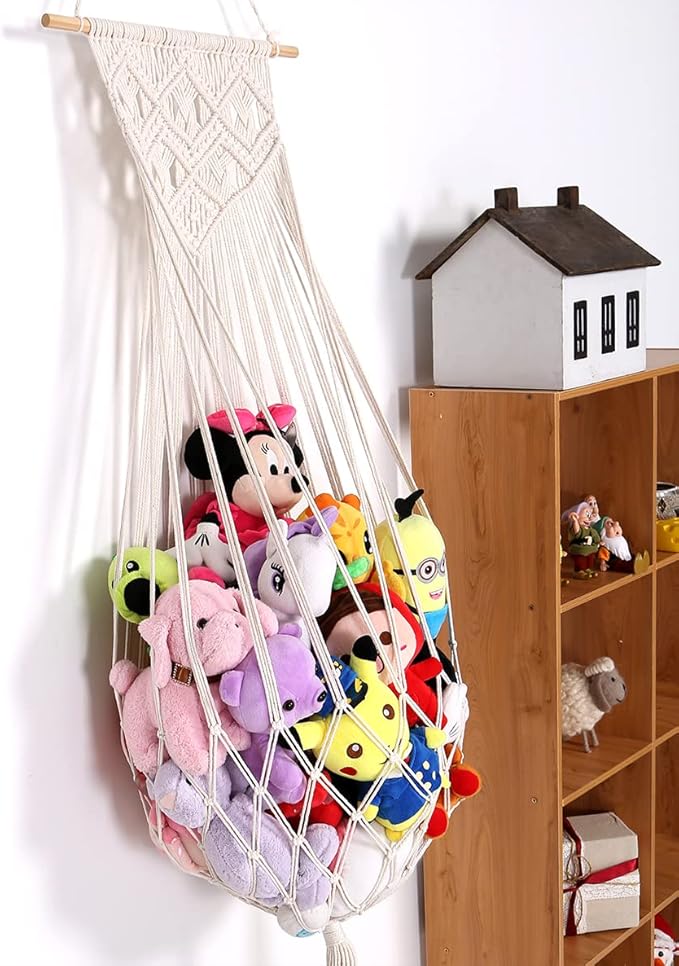 Stuffed Animal Hammock Wall Hanging Net for Stuffed Animal Storage Plush Toy Holder Macrame Toy Display for Boho Kidroom Decor Nursery Organizer (Cream)