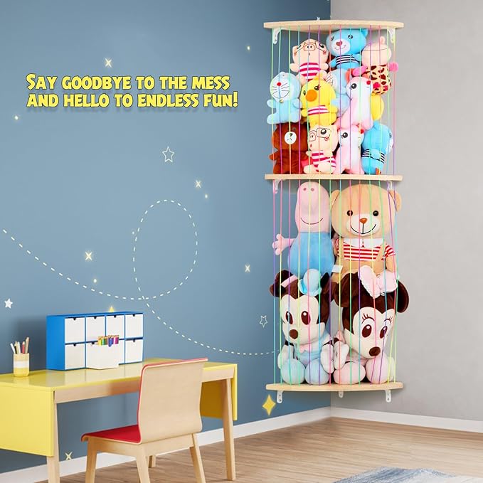 Stuffed Animal Storage Hammock, Wood Stuffed Toy Holder, Playroom Nursery Toy Storage Organizer, Decorative Wall Hanging Caddy Corner Stuffed Animal Net, Soft Toy Net for Kids Room Décor
