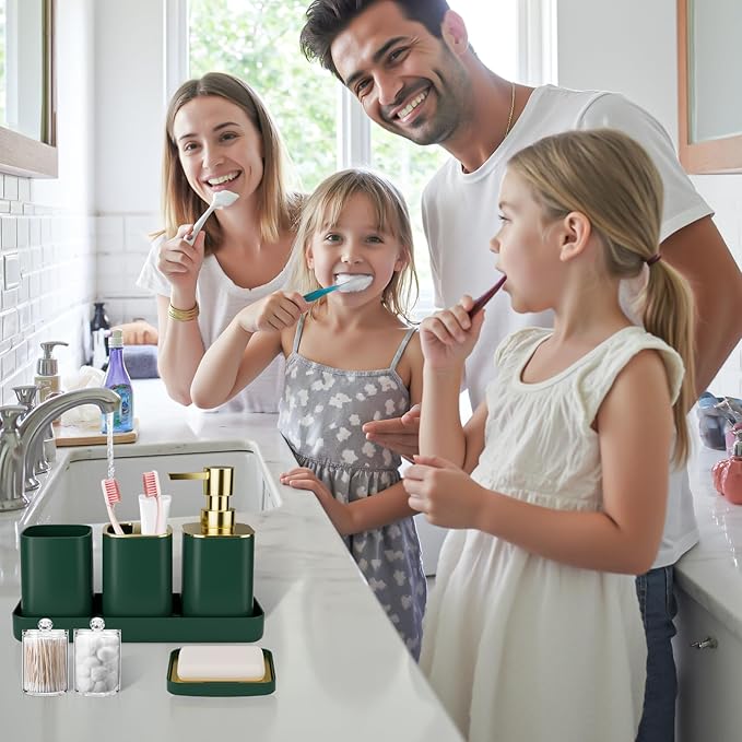 25PCS Bathroom Accessory Set, Dark Green Bathroom Set with Large-Capacity 4 Gallon Trash Can,Bathroom Rugs Set, Waterproof Shower Curtain, Toilet Brush, Toothbrush Holder & Soap Dispenser