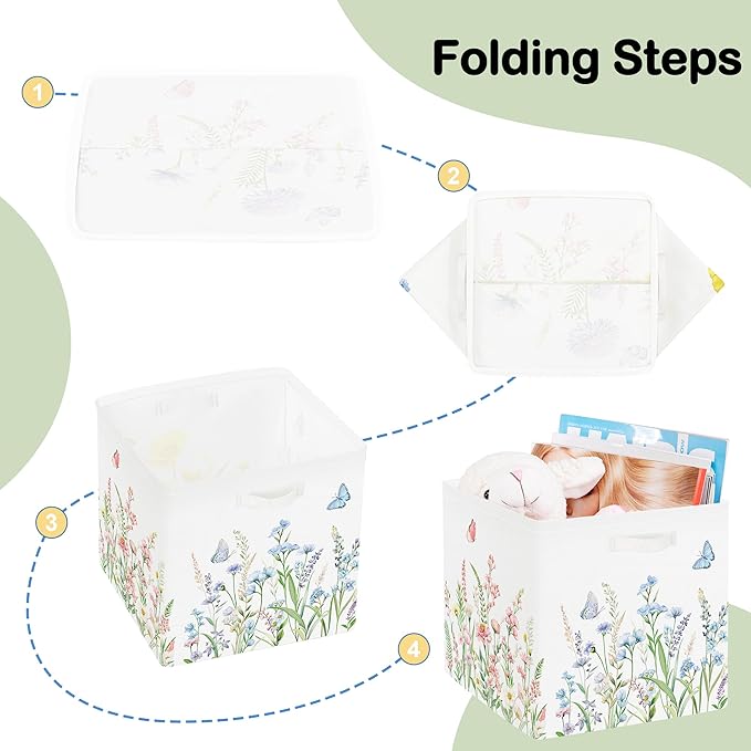 11.8" Wild Flower Storage Cube Organizer Set 3Pcs Clothes Storage Basket Bin for Closet Shelf Garden Butterfly Nursery Kid Room Book Toy Chest, Plant Bush