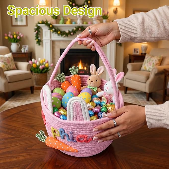Personalized Easter Baskets for Girls, Boys Cute Bunny Custom Easter Basket with Embroidered Name for Egg Hunts Woven Cotton Rope Tote in 2 Sizes Easter Gifts for Kids