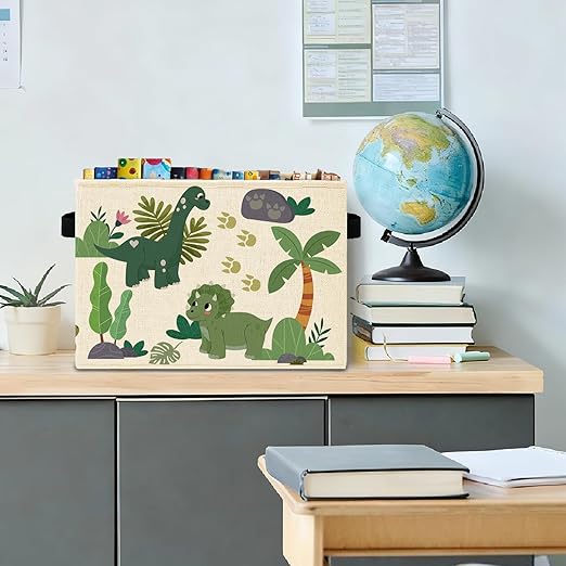 Tropical Dinosaur Storage Bins Box with Handles, Sage Green Plant Nursery Laundry Basket Hamper Collapsible Clothes Toys Organizer for Kids Boys Room Nursery Playroom Bathroom