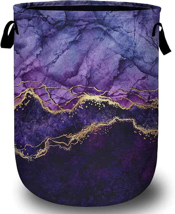 Purple Gold Marble Laundry Basket with Sturdy Handles, Collapsible Oxford Cloth Laundry Hamper Organizer Basket for Bathroom Bedroom 15.7x20 Inch