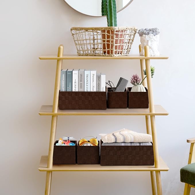 Posprica Woven Storage Baskets for Organizing 6 Pack, Large&Small Storage Cube Bins Set for Bathroom, Storage Boxes Container for Drawer, Closet, Shelf, Dresser, Brown