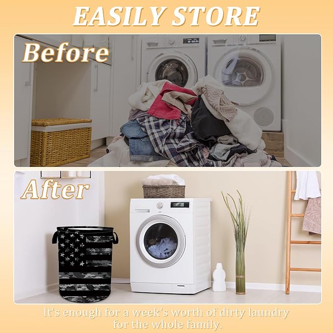 Black Camo USA Flag Laundry Basket, Foldable Waterproof Oxford Cloth Laundry Hamper Funny Tote Bag Dirty Clothes Storage Bucket Toy Organizer for Bathroom/Laundry/Bedroom 15.7"x19.6"