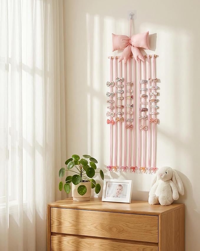 HAYVAN Bow Holder for Girls Hair Bows - 31.5"x11" Pink Bow & Hair Clip Organizer with Hanging Hook & Gift Card, Baby Bow Organizer and Nursery Room Decor